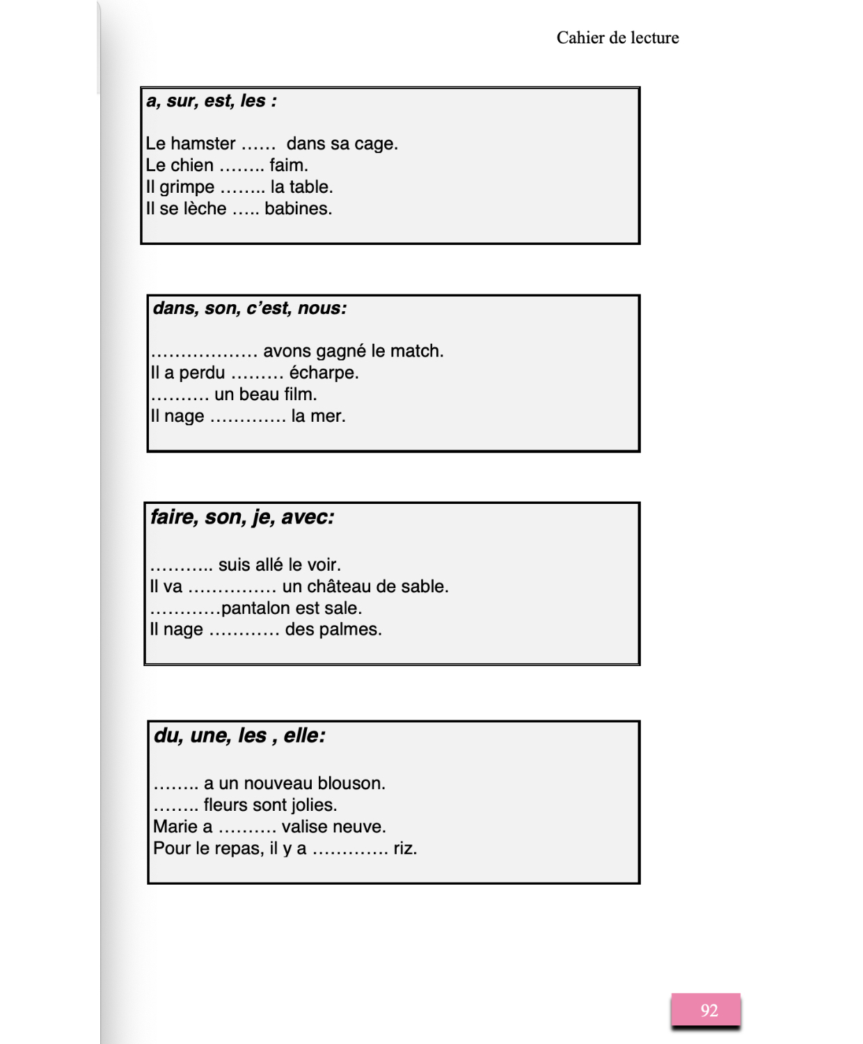 Méthode simplifiée en 3 volumes d'Elisabeth Ney - Extrait du volume 1 (page 92) : Cahier d'exercices de lecture pour l'apprentissage et le renforcement du français, à l'usage des personnes allophones et francophones